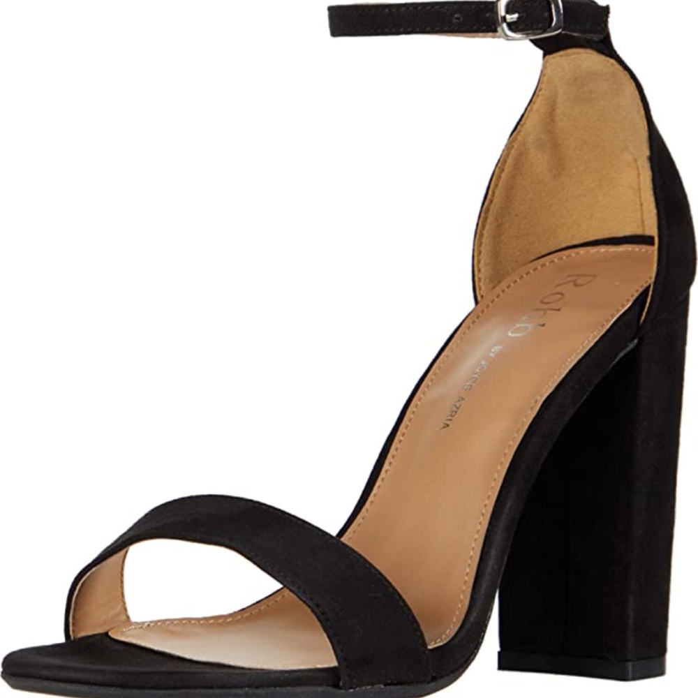 Black Faux Suede Open Toe Ankle Strap Chunky Block High Heel | Size 8.5